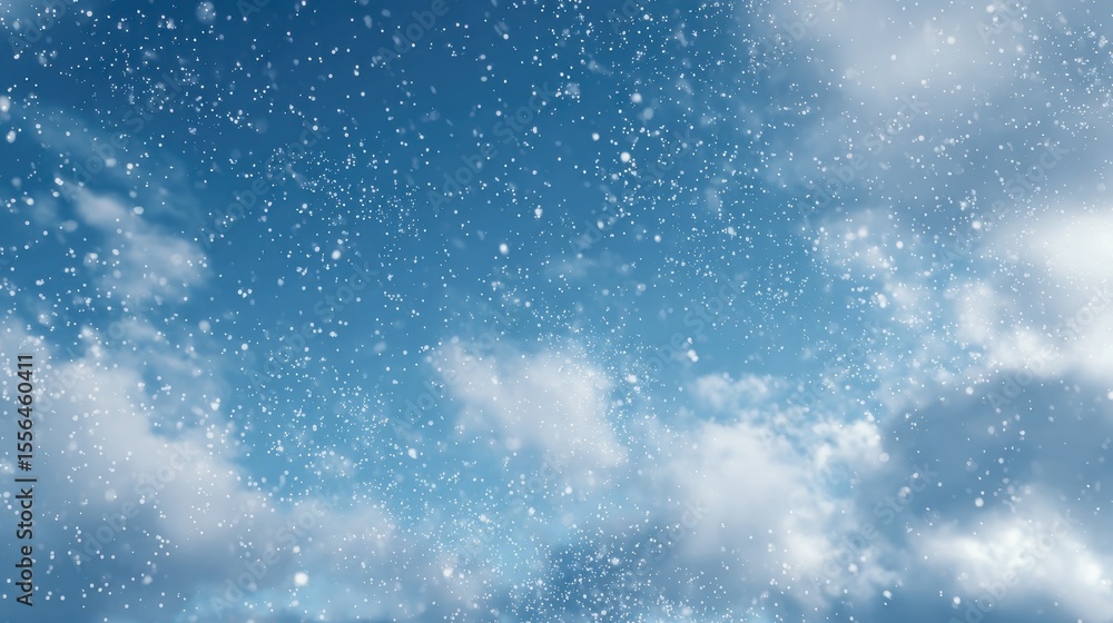 Obraz premium A photo of a blue sky with a light snowfall. The snowflakes are falling from the top of the image and are visible in various sizes. The image is captured during the day, as the sky is blue with hints