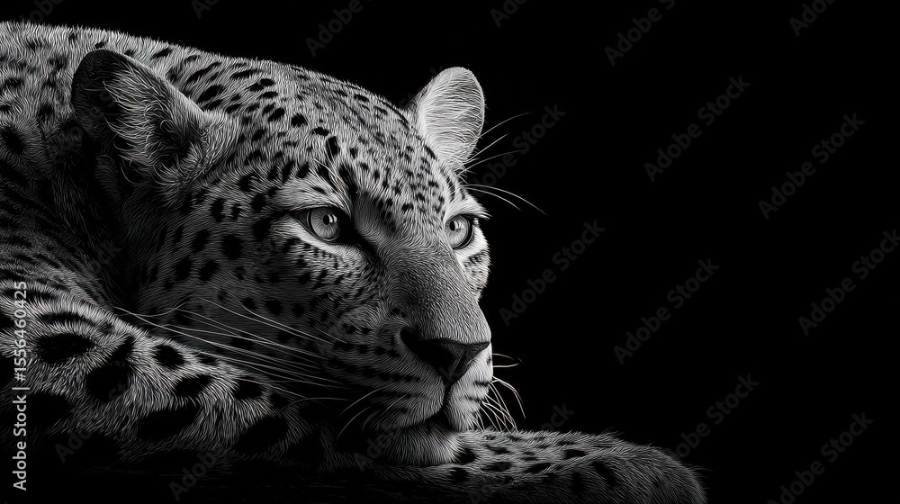 Naklejka premium Panther in rest. Black and white portrait of leopard on black background. Predator series. Danger concept. digital art, generative ai