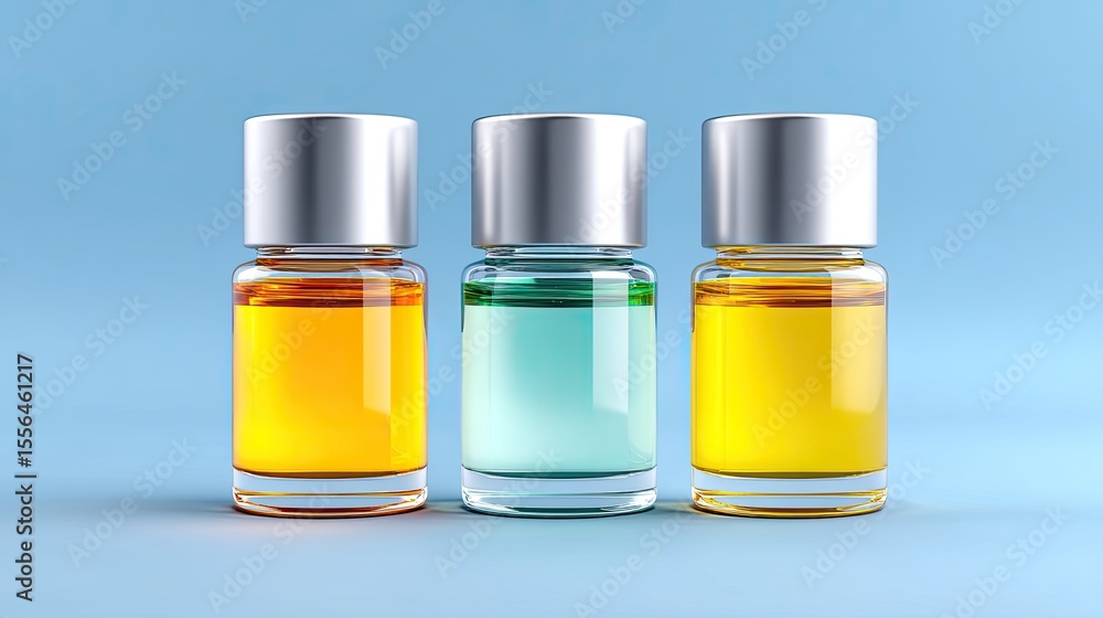 Three Glass Bottles of Skincare Products on Blue Background Three Glass Bottles of Skincare Products on Blue Background