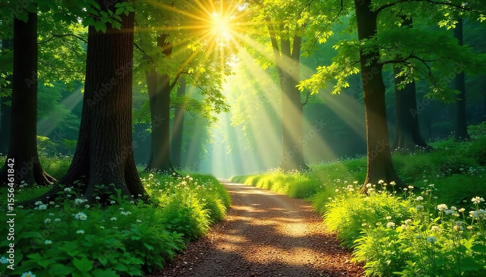 Fototapeta premium Sun-Dappled Forest Path A Magical Summer Walk Through Lush Green Canopy