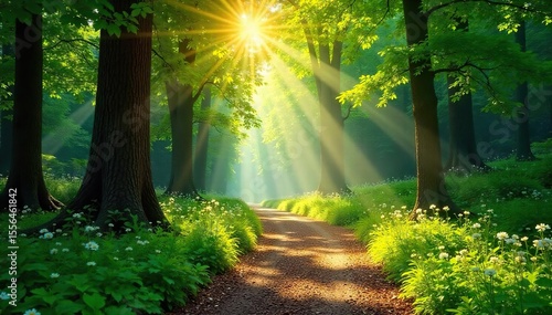 Sun-Dappled Forest Path A Magical Summer Walk Through Lush Green Canopy