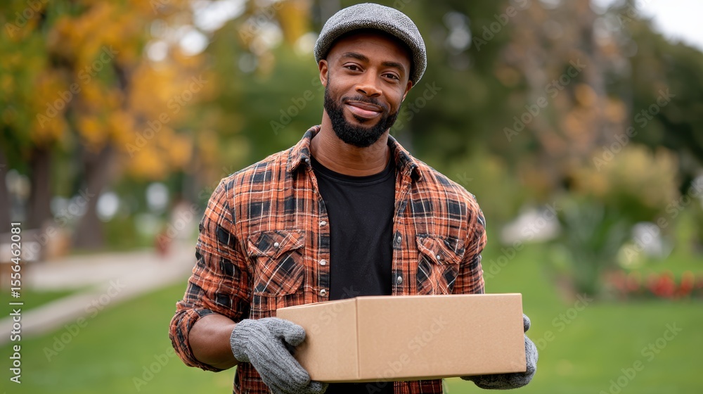 Man Smiling While Holding a Cardboard Box in a Park Surrounded by Autumn Foliage Man Smiling While Holding a Cardboard Box in a Park Surrounded by Autumn Foliage
