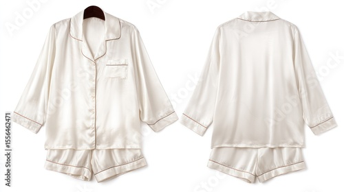 Women's silk pajama set, front and back views, laid flat, isolated on white background, detailed fabric texture, minimalist style