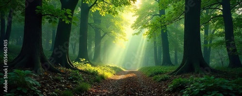 Sunlight Dapples Deep Forest Floor, Creating an Atmosphere of Seclusion and Mystery. Damp Earth, Decaying Leaves, Natural Greenery.