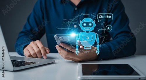 Wallpaper Mural Person using a smartphone with a chatbot ai assistant displayed on the screen and a laptop nearby Torontodigital.ca