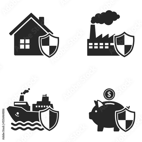 Icons representing various types of insurance coverage protecting house factory ship and savings as part of insurance policy