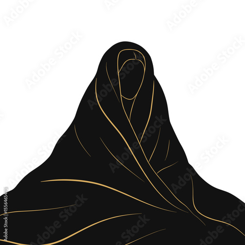Illustration of a woman in a black abaya with golden accents  