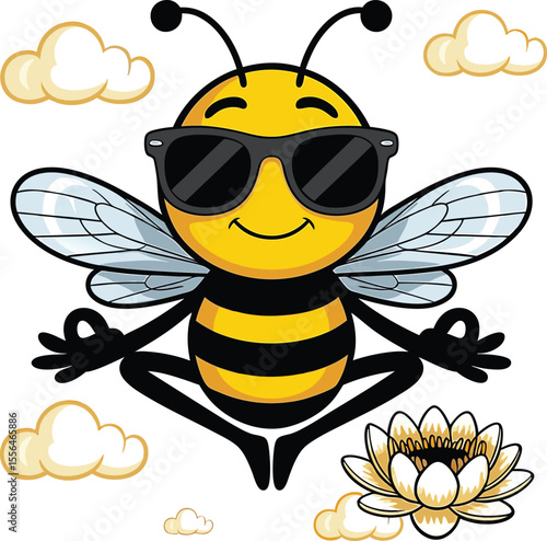 Cartoon bee in sunglasses meditating in lotus position with clouds and flower elements