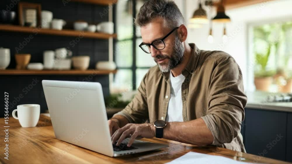 A man working on a laptop in a cozy kitchen, captured from a side angle. The video concept emphasizes productivity in a home setting. A man working on a laptop in a cozy kitchen, captured from a side angle. The video concept emphasizes productivity in a home setting.