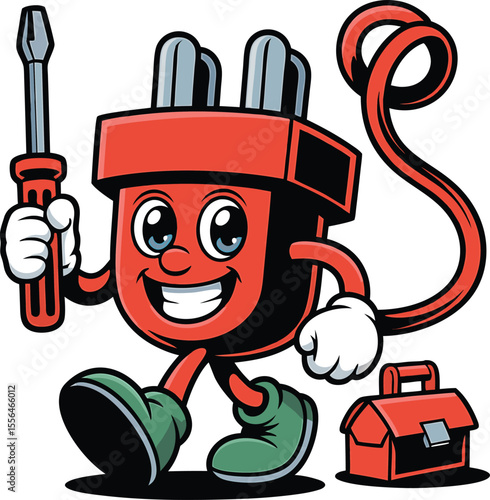 Cartoon character electric plug holding screwdriver and toolbox on white background