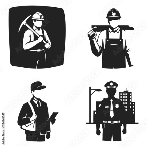 Silhouetted illustrations of professions miner construction worker mailman and police officer for industrial and community concepts