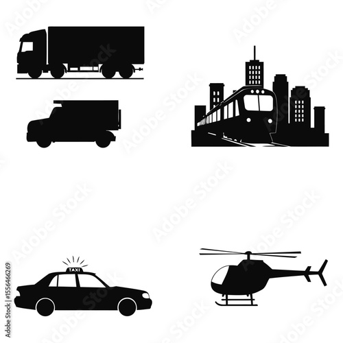 Silhouetted transport icons representing various modes of transportation including trucks train taxi and helicopter on a white background