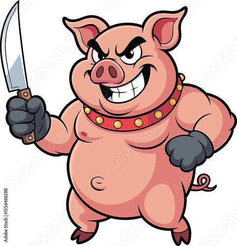 Cartoon pig with a grinning expression holding a knife ready for carving or slaughter