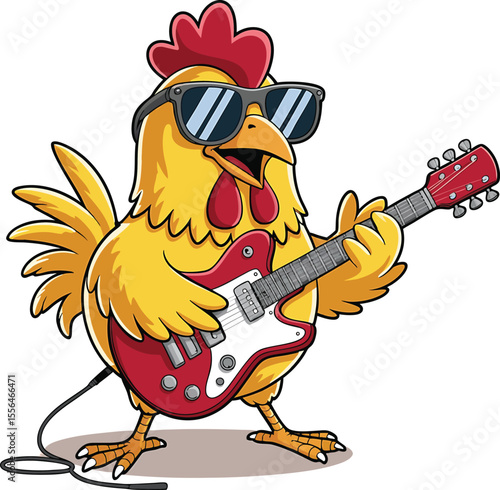 Cartoon rooster character playing electric guitar and wearing sunglasses with a cool vibe