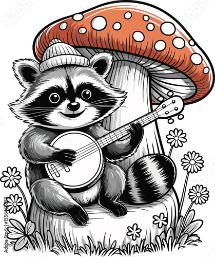 Charming cartoon raccoon character playing a banjo under a whimsical toadstool mushroom in nature