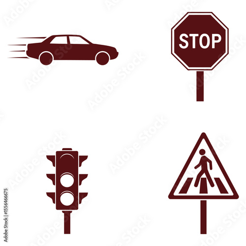 Vector illustration of road traffic signs and a car depicting safety rules and transportation awareness