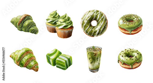 An assortment of delicious green desserts featuring croissants, cupcakes, donuts, and drinks, all highlighting vibrant matcha flavors