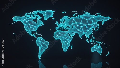 Blue Polygonal World Map: Global Network Connectivity on Black Background