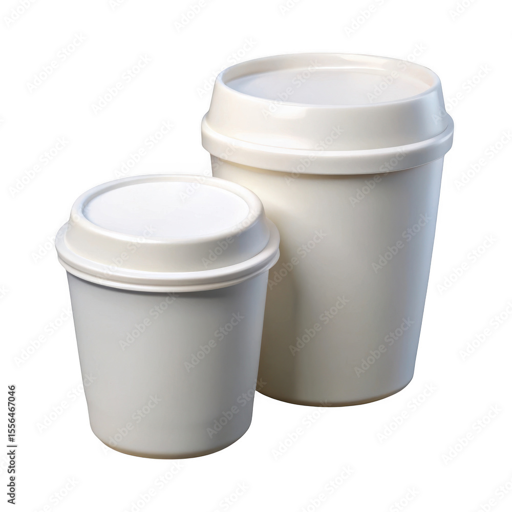 Two white disposable coffee cups with lids side by side on a transparent background isolated on transparent background Two white disposable coffee cups with lids side by side on a transparent background isolated on transparent background