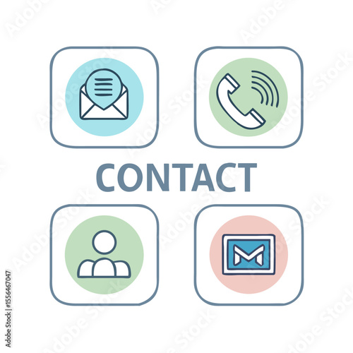 Pastel communication methods are displayed including an envelope, phone, people and email for business needs.