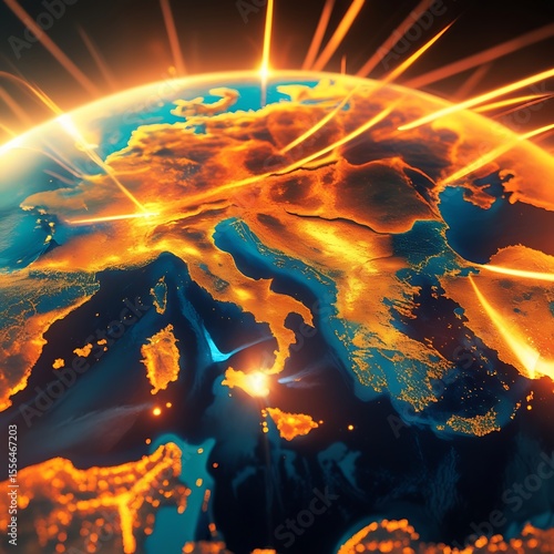 Orange Glow Earth Map: Illuminated Europe and Africa Global Network.