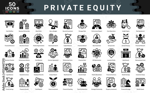 Private Equity icon collection. Simple black vector illustrations.