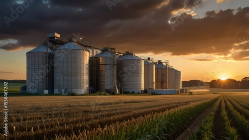 Grain Silos at Sunset: Agricultural Storage Facility in a Golden Field

