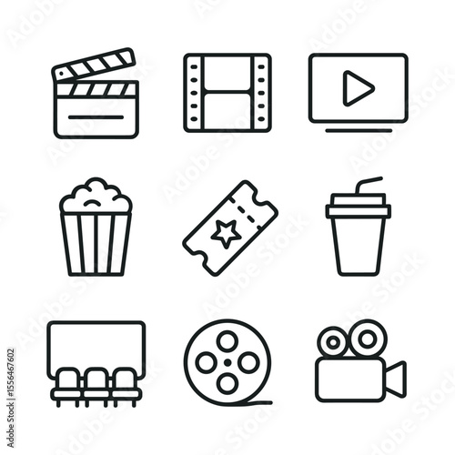 Movie theater icon collection. Outline symbols. Line design