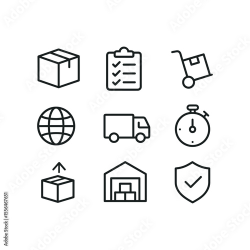 Global logistics icon pack. Outline symbols. Line design