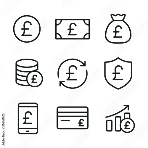 Pound sterling currency icons set. Outline symbols. Line design