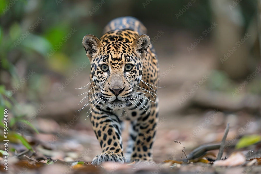 Obraz premium A majestic jaguar prowling through a lush jungle, showcasing its striking spotted fur and intense gaze.