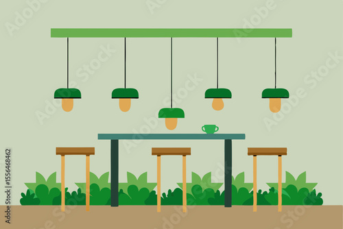 break area with greenery suspended from ceiling
