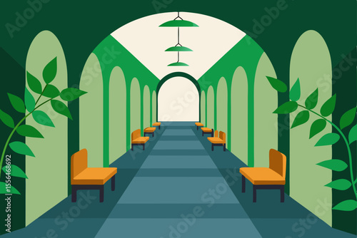 open hallway with green vines arching above