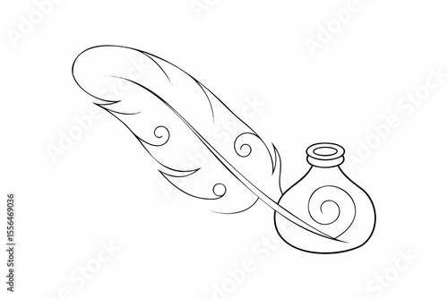 Quill pen and inkwell with swirls writing calligraphy