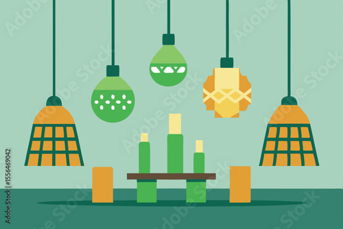 handwoven pendant lights above a recycled communal