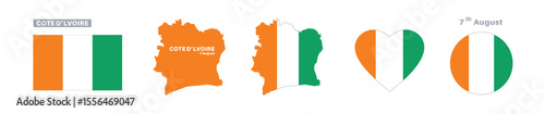 cote dlvoire flag and map set. cote dlvoire flag in official colors and proportions. independence day 7 august, map, circle and heart shaped cote dlvoire