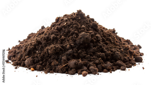 Close up of a pile of dark brown soil isolated on white