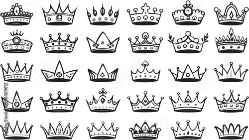A diverse collection of royal crown vector icons and vintage imperial emblems for design