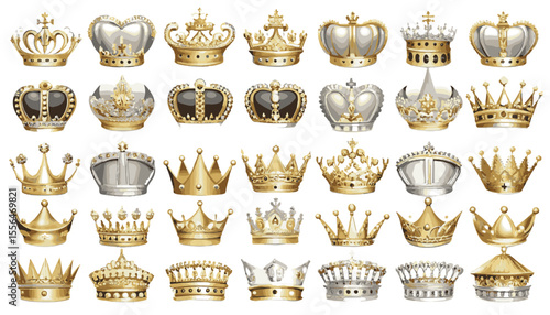 A luxurious collection of golden vintage royal crowns, emblems, and heraldic design elements perfect for badges, banners, or shield illustrations