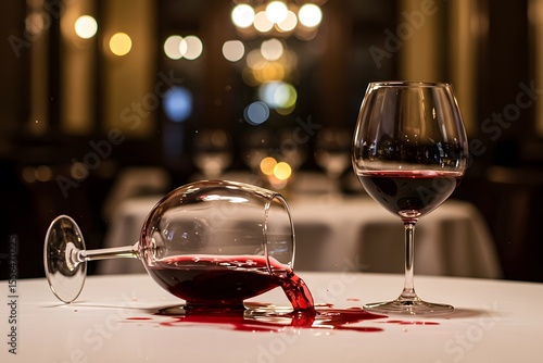 Dramatic red wine incident in an elegant restaurant setting.