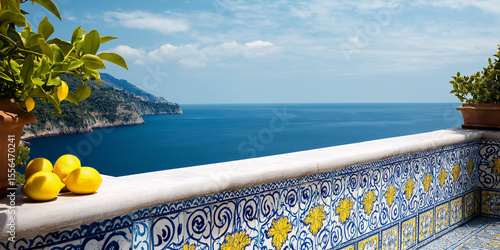 Amalfi Coast Vista: Stunning view of the Amalfi coast with lemons & patterned tiles. Perfect for travel brochures, wall art, or Mediterranean-themed designs. Coastal Italy.
