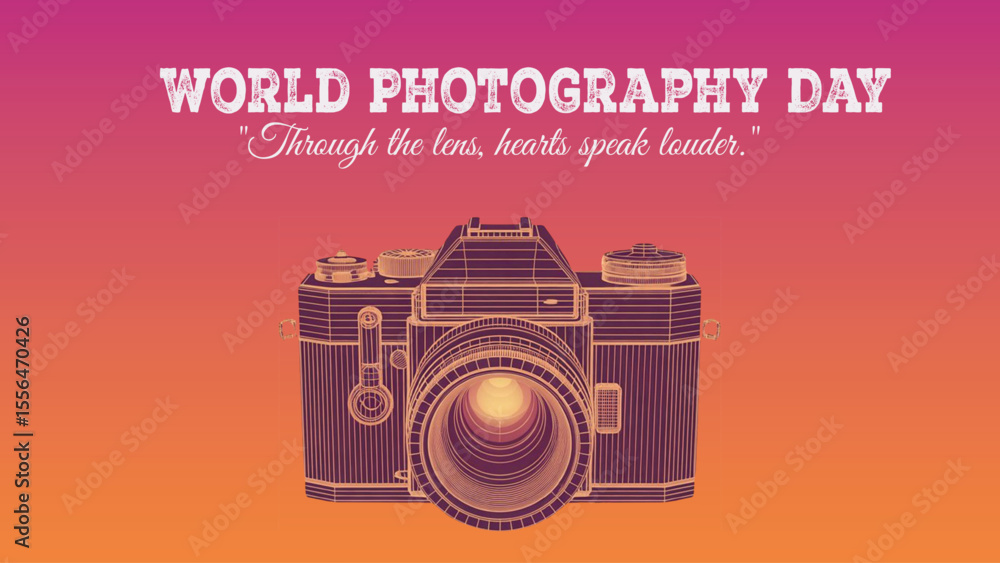 Obraz premium Minimal DSLR Camera Vector on Orange Gradient Background – Clean, Modern Flat Design for World Photography Day and Creative Use