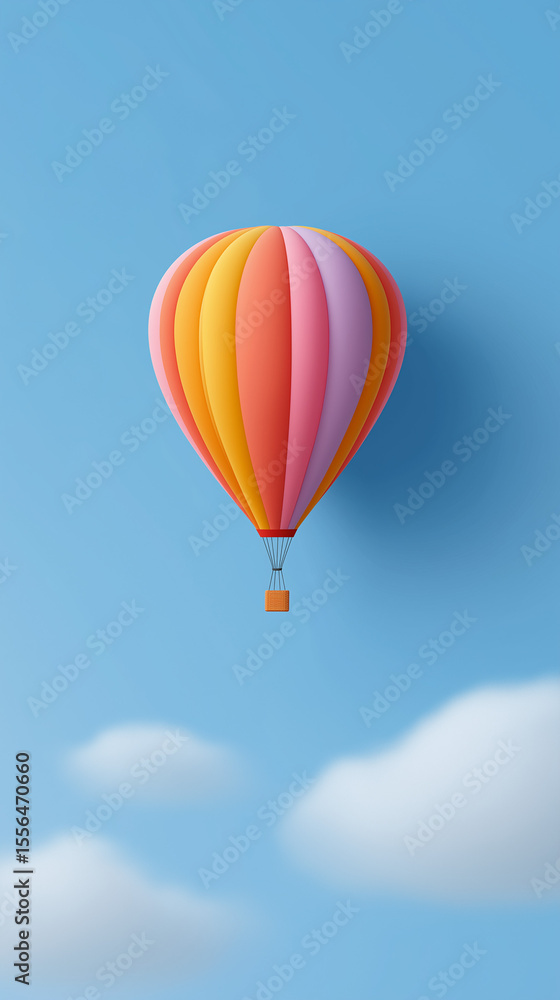 Fototapeta premium Colorful hot air balloon floating against a clear blue sky with soft clouds, creating a vibrant and cheerful atmosphere for travel and adventure enthusiasts