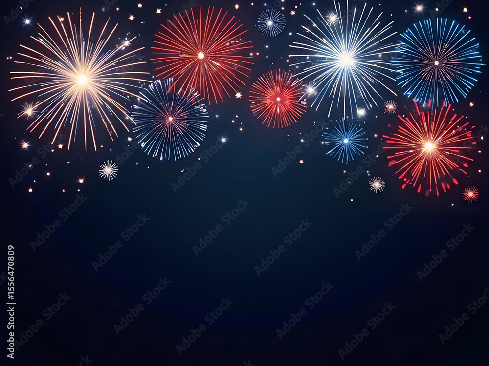 Naklejka premium A festive pyrotechnic light explosion illuminates the night sky, celebrating a new year event