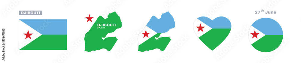 Obraz premium djibouti flag and map set. djibouti flag in official colors and proportions. independence day 27 june, map, circle and heart shaped djibouti 
