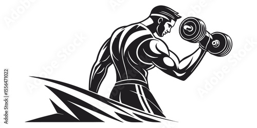 Back View of Muscular Man Lifting Dumbbell Strength Training Vector Illustration