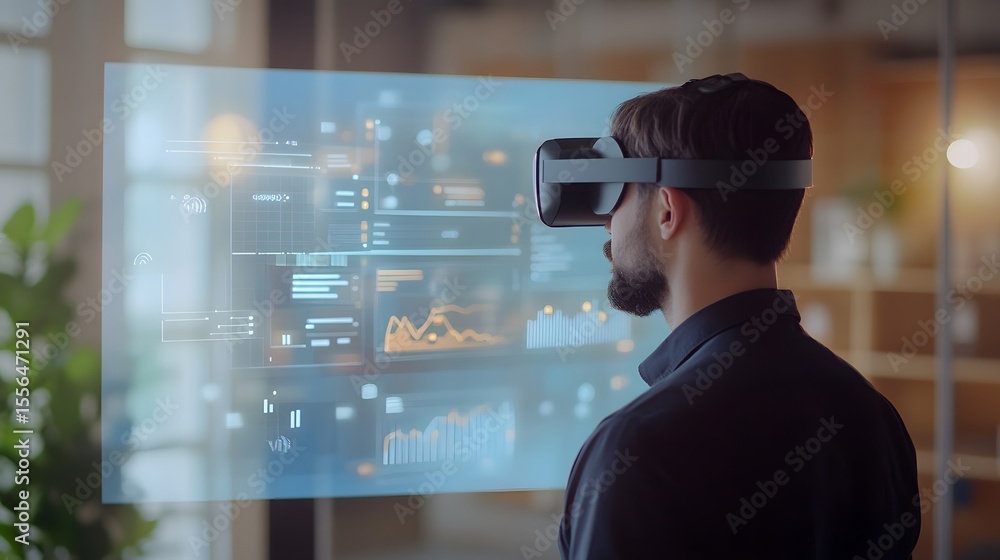 A person wearing a virtual reality headset interacts with digital holograms in an office setting, showcasing modern technology and immersive experiences for enhanced productivity. A person wearing a virtual reality headset interacts with digital holograms in an office setting, showcasing modern technology and immersive experiences for enhanced productivity.