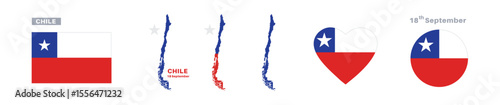 chile flag and map set. chile flag in official colors and proportions. independence day 18 september, map, circle and heart shaped chile 