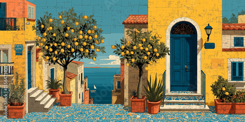 Amalfi Coast Vista: Stunning view of the Amalfi coast with lemons & patterned tiles. Perfect for travel brochures, wall art, or Mediterranean-themed designs. Coastal Italy.
