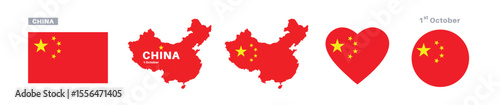 china flag and map set. china flag in official colors and proportions. independence day 1 october, map, circle and heart shaped china 
